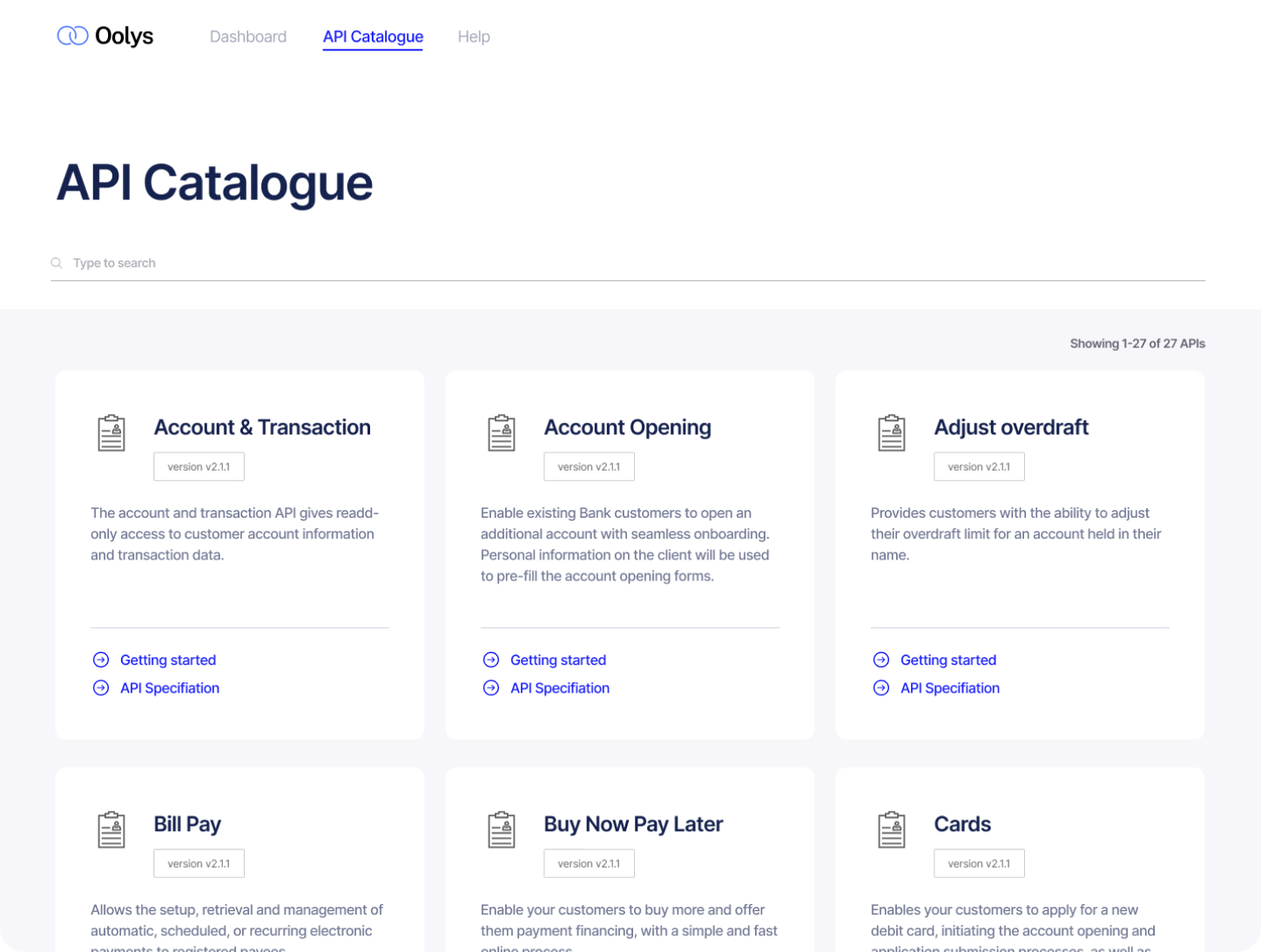 A screen showing various APIs in a catalogue format