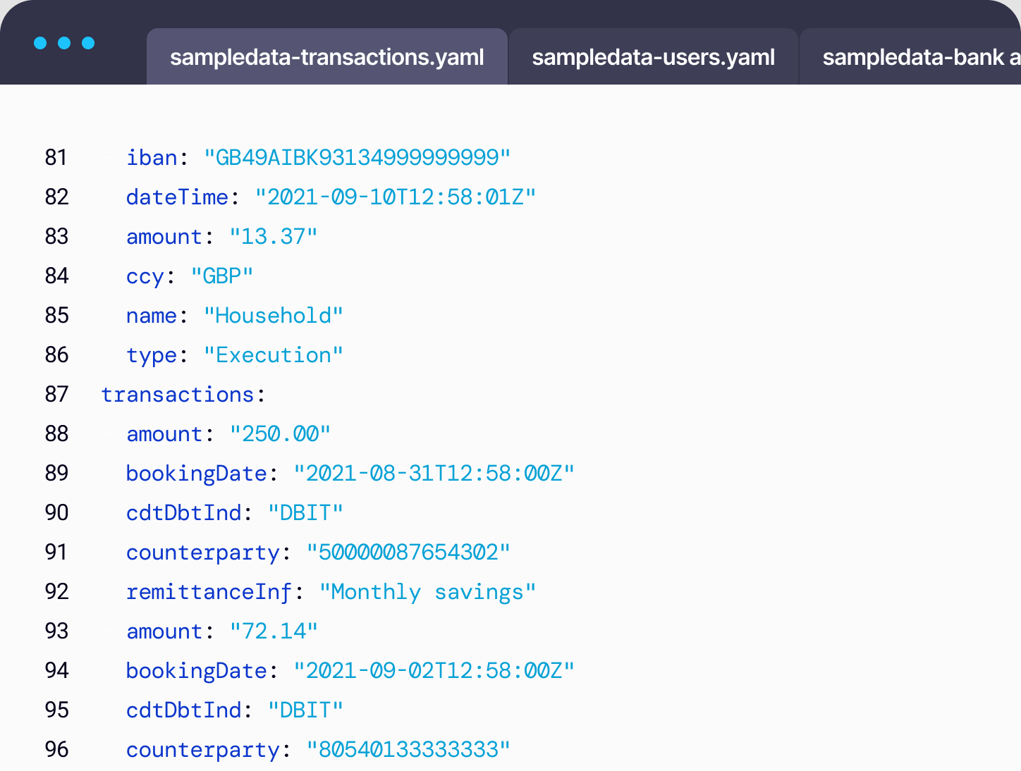 A text editor window showing a snippet of banking data from a fictional user
