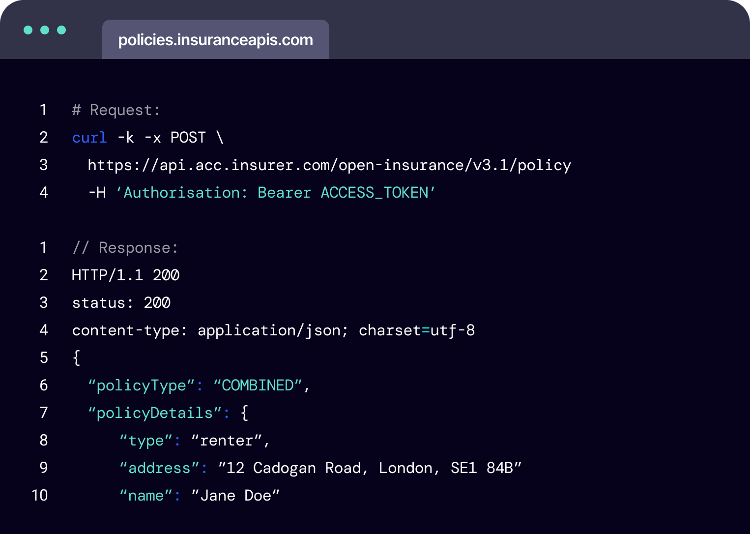 Code snippet demonstrating an Insurance quote being retrieved via an API call