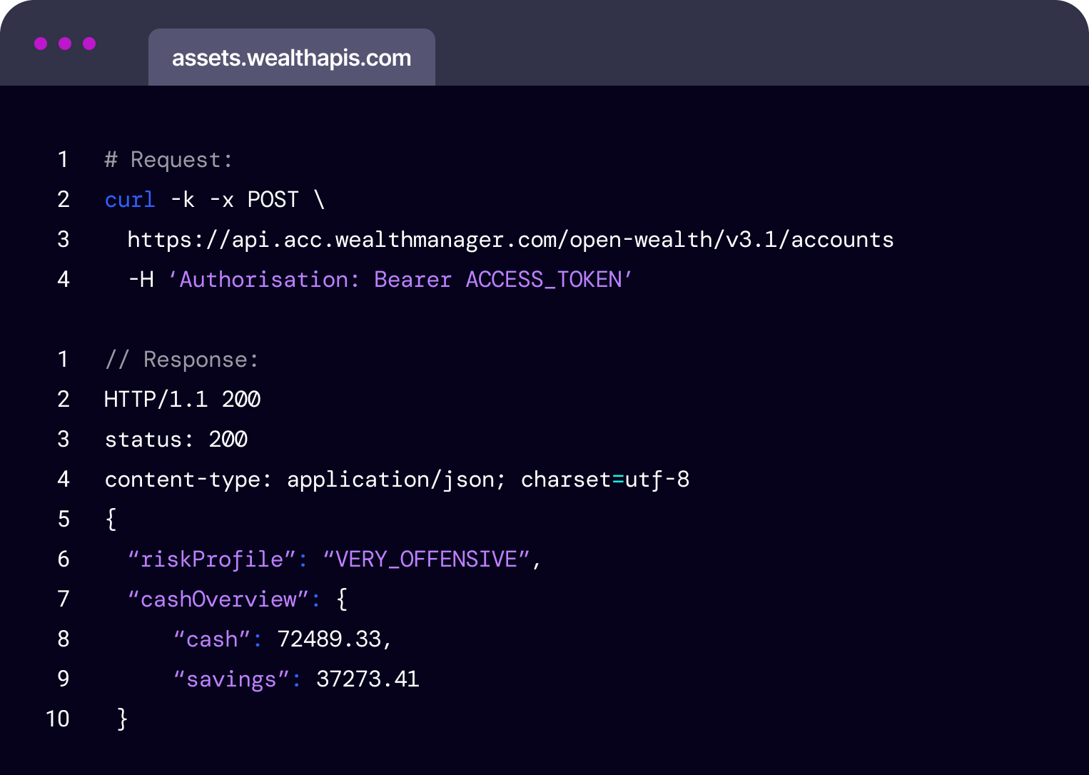 Code snippet demonstrating the data for a wealth management customer being requested via an API call