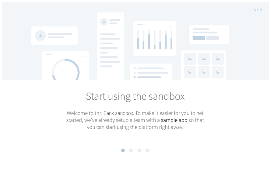 A screenshot of an onboarding flow  with graphics demonstrating a sample app