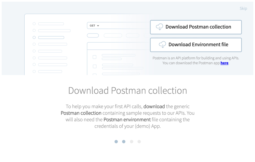 A screenshot of an onboarding flow  with graphics demonstrating a user downloading a Postman collection