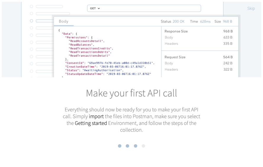 A screenshot of an onboarding flow  with graphics demonstrating a Postman collection