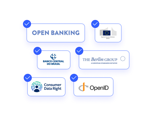 Logos of a variety of Open Banking and Financial API standards that the Oolys platform is compliant with