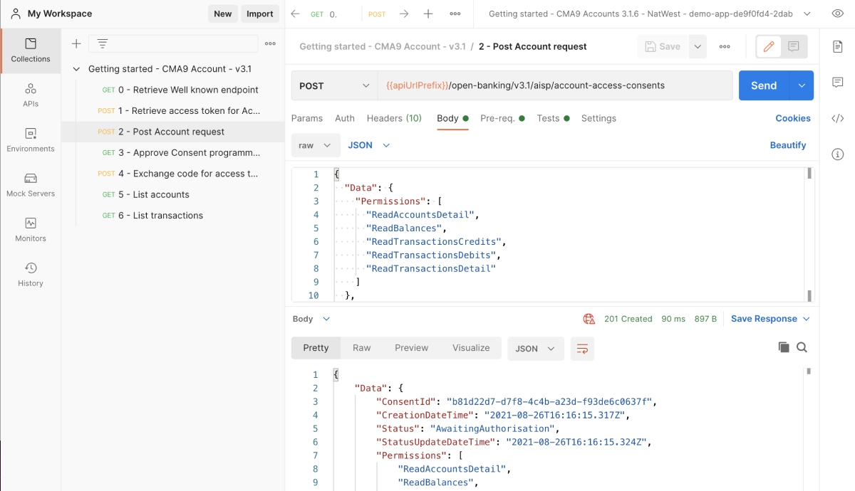 Screenshot of an banking API being used in the Postman API application